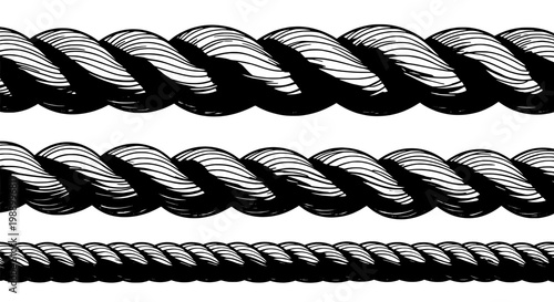 Braided rope pattern with bold black and white twisted waves, seamless vector texture for backgrounds and design elements