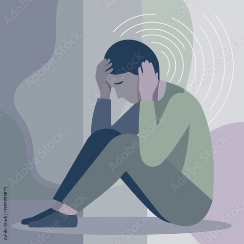 Sad man with ear ache or pain and anxiety from chronic tinnitus, hearing loss or medical problem. Person with pressure, vertigo and dizziness from infection, sensory sensitivity or healthcare issue