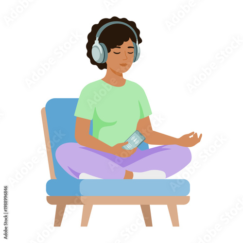 Woman using headphones for sound therapy and tinnitus treatment while listening to audio for relaxation, stress relief or hearing support. White noise for meditation, wellness routine or sensory care