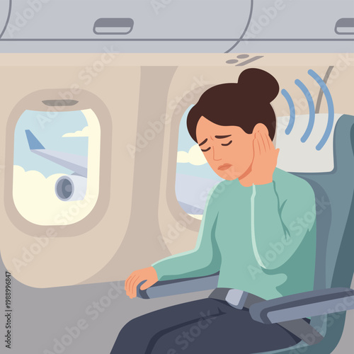Woman with ear ache, pain or anxiety while flying on airplane. Passenger with tinnitus from change in cabin pressure, dizziness or vertigo from hearing problem, stress and noise sensitivity in flight