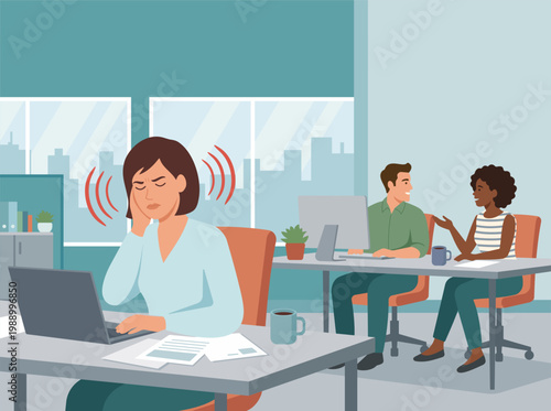 Woman at desk with chronic ear ache or ringing in noisy office for workplace tinnitus, noise sensitivity or hearing loss and problems. Stress, auditory disorder or health issue with sound overload