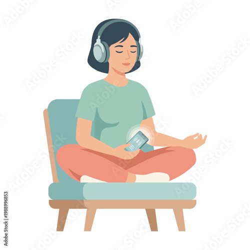 Woman using headphones for sound therapy and tinnitus treatment while listening to audio for relaxation, stress relief or hearing support. White noise for meditation, wellness routine or sensory care