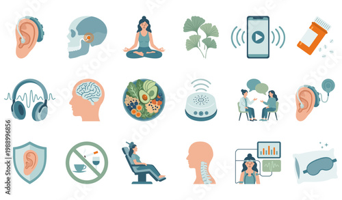 Tinnitus approach and treatment set with hearing aid, white noise machine and smartphone with sound waves. Collection of medication pills, ginkgo biloba and meditation or cochlea implant for therapy