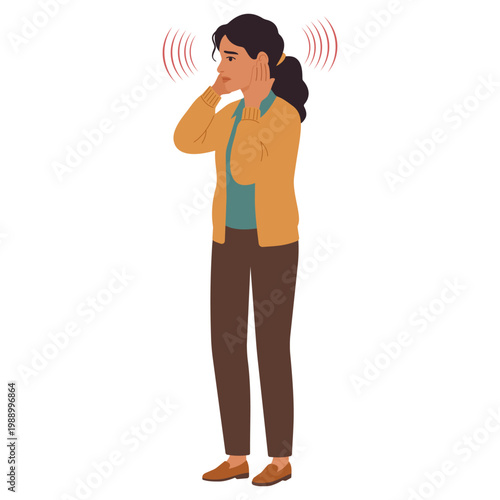 Woman with ear ache or pain from tinnitus, hearing problem or medical condition. Pressure, vertigo and dizziness from infection, sensory sensitivity or healthcare issue isolated on white background