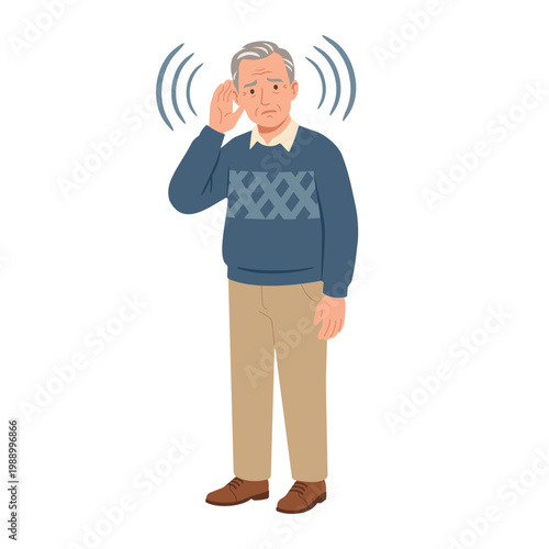 Elderly man with ear ache or pain from tinnitus, hearing loss or medical problem. Pressure, vertigo and dizziness from infection, sensory sensitivity or healthcare issue isolated on white background