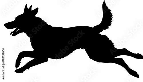 Silhouette of a playful German Shepherd dog running with its mouth open and tail up