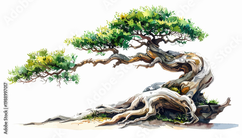 Elegant watercolor painting of a traditional bonsai tree, showcasing intricate gnarled trunk and expansive roots