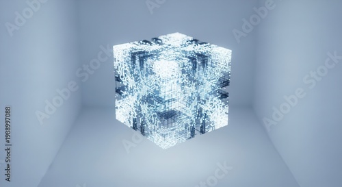 Abstract digital cube radiating intricate circuit patterns in a luminous minimalist environment