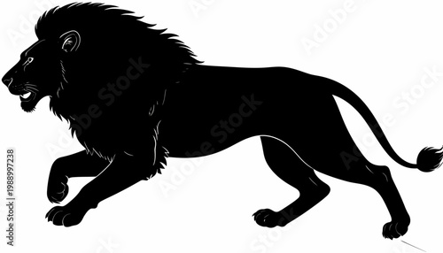 Dynamic black silhouette of a majestic lion mid-pounce, capturing primal predatory movement and untamed strength