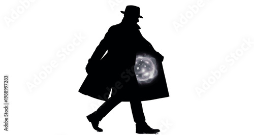 Pocket Universe Carrier Silhouette vector graphic illustration presents a mysterious silhouetted man wearing a fedora and trench coat, walking forward, glowing spherical universe