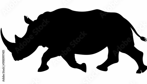 Silhouette of a Rhinoceros Walking Isolated on White Background, Wild Animal