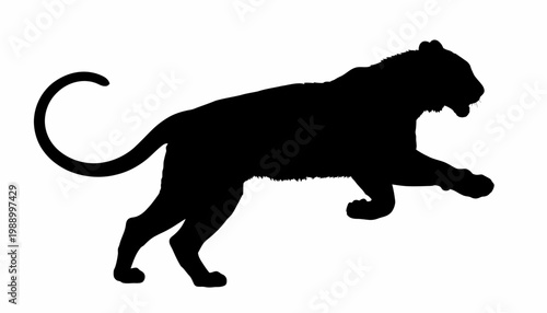 Silhouette of a powerful jungle cat with a long tail leaping forward on a white background