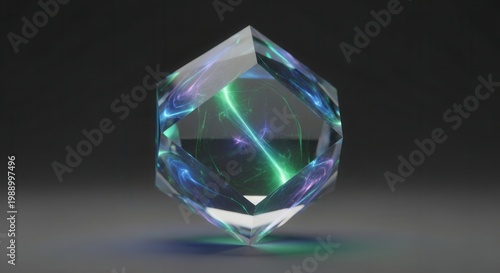 Luminous geometric crystal prism refracting vibrant internal energy patterns with glow
