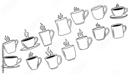 Coffee Cup Outline Pattern with Various Mug and Hot Drink Icons for Cafe Design, Beverage Backgrounds, Morning Coffee Concepts and Kitchen Illustration