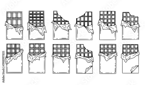 Chocolate Bar Outline Icon Set with Wrapped and Broken Candy Variations for Sweet Food Design, Dessert Illustration, Confectionery Graphics and Snack Concepts