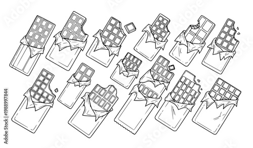 Chocolate Bar Outline Icon Set with Wrapped and Unwrapped Sweet Candy Variations for Dessert Design, Confectionery Illustration and Snack Food Graphics