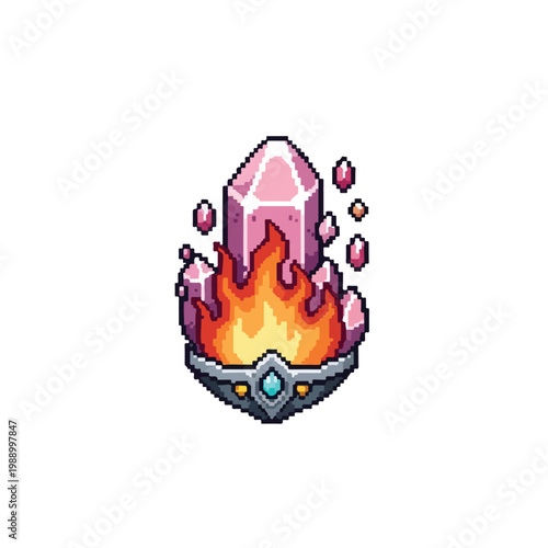 A vibrant pixel art graphic showcasing a mystical pink crystal surrounded by burning flames and floating shards, resting on an ornate metal base.