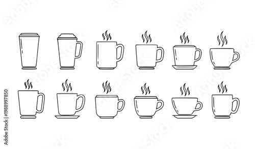 Coffee Cup Outline Icon Set with Various Mug and Hot Drink Designs for Cafe Graphics, Beverage Illustration, Kitchen Elements and Morning Drink Concepts
