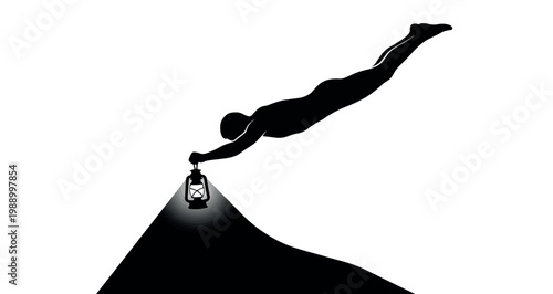 Lantern Diver Silhouette of a flying man holding a glowing vintage lantern that illuminates the darkness in this conceptual vector graphic illustration designed guidance inspiration .
