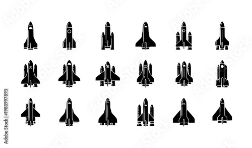 Rocket and Space Shuttle Icon Set with Various Launch Vehicle Designs for Space Exploration Graphics, Aerospace Illustration, Technology Concepts and Startup Innovation Themes