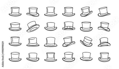 Top Hat Outline Icon Set with Classic Formal Hat Variations for Vintage Fashion Design, Gentleman Style Illustration, Costume Elements and Elegant Apparel Concepts