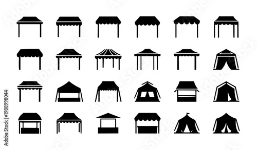 Market Stall and Tent Icon Set with Various Canopy, Booth and Pavilion Designs for Outdoor Events, Street Market Graphics and Festival Illustration Elements