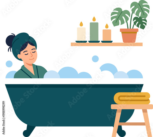 Serene woman indulging in a luxurious bubble bath at home, embracing a tranquil self-care moment with lit candles and a potted plant creating a peaceful spa-like atmosphere