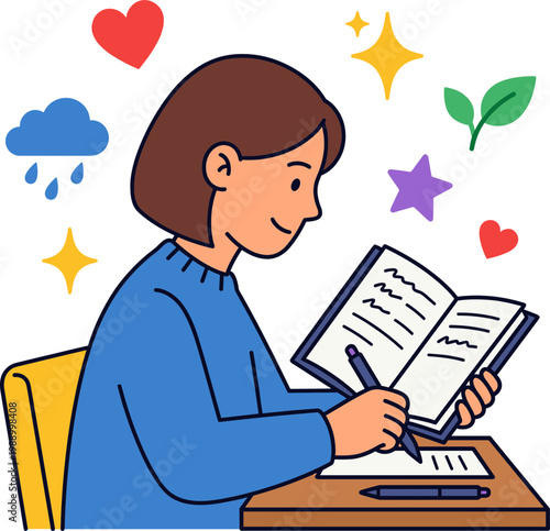 Vibrant illustration of a focused individual thoughtfully journaling, surrounded by uplifting symbols representing creativity, learning, inspiration, and personal reflection