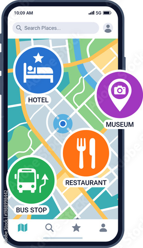 Smartphone map app with intuitive icons for hotels, restaurants, museums, and bus stops, simplifying urban navigation and enhancing travel discovery for modern explorers