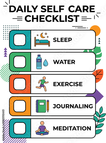 Essential daily checklist for personal well-being, fostering healthy habits like restful sleep, proper hydration, exercise, and mindful practices