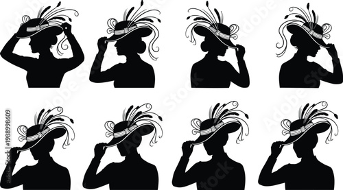 Elegant woman wearing fancy hat with feathers touching brim profile silhouettes.