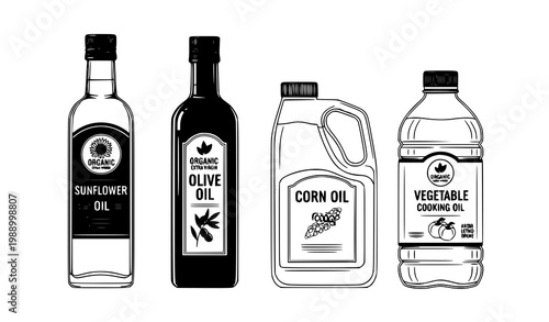 A vector graphic illustration of various cooking oil bottles and containers