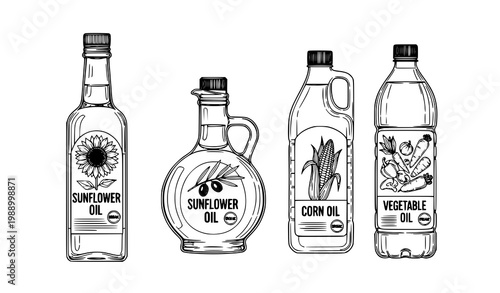 A vector graphic illustration of various cooking oil bottles in a minimalist style