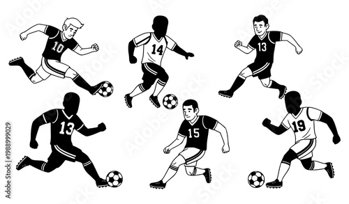 A vector graphic illustration of soccer players in action with balls