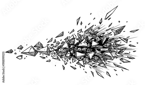 A black and white vector graphic illustration of shattered glass fragments