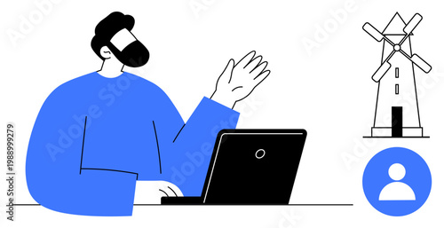 Renewable energy, online communication, user profiles, modern technology, everyday life, virtual collaboration. Man seated with laptop, windmill and user icon. Renewable energy and online
