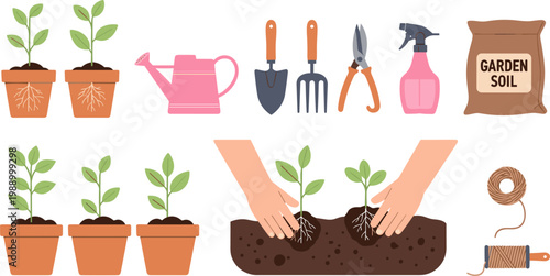Set of Gardening Tools, Pots, and Planting Illustrations Featuring Watering Can, Soil, and Hand Planting for Gardening and Home Care Projects