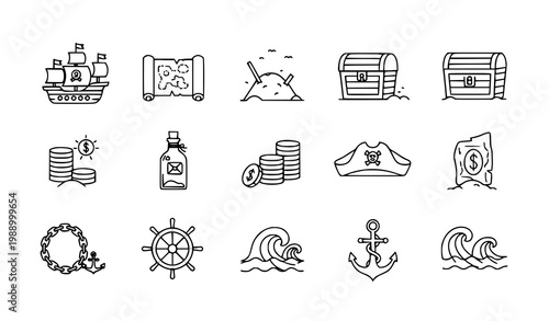 Minimal Pirate Ocean Adventure Icon Pack with Vintage Nautical Elements Line Art Vector
