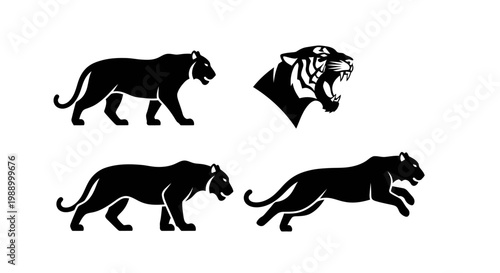 Dynamic collection of powerful black tiger silhouettes in various fierce poses, perfect for sports teams, branding, or wildlife themed designs