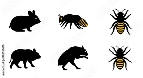 Diverse collection of animal and insect silhouettes, featuring mammals and flying creatures, rendered in a striking minimalist vector art style for wildlife projects