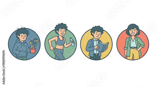 Four circular illustrations depicting a person's journey from feeling unwell to achieving personal growth and success.
