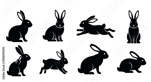 Set of eight rabbit icons in silhouette, showcasing various poses and movements of these charming creatures