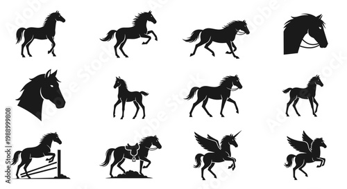 Collection of Horse Silhouettes in Various Poses and Styles Including a Unicorn and Pegasus