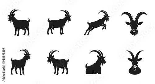 Collection of goat silhouettes in various poses and headshots, representing farm animals and wildlife