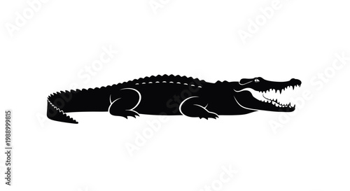 Silhouette of a fearsome crocodile with its jaws wide open, ready to strike, set against a clean white background for a bold graphic statement