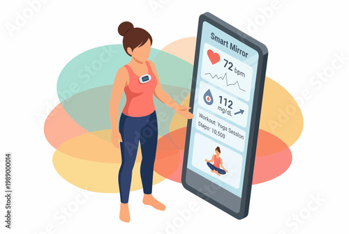 Woman using smart mirror for health biohacking and fitness tracking