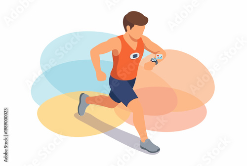 Isometric Man Running with Smartwatch and Biohacking Chest Sensor
