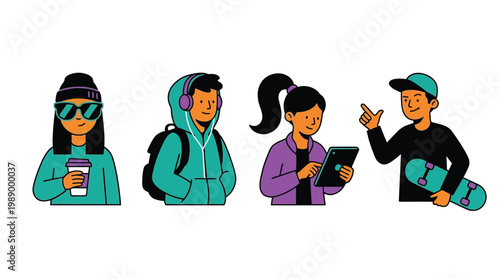 Diverse group of four young people, including a girl with coffee, a boy with headphones and backpack, a girl using a tablet, and a boy with a skateboard, representing modern youth culture.