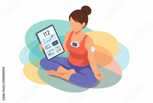 Woman tracking biometric data with wearable sensors and tablet