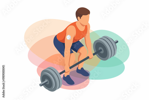 Isometric man lifting weights with biohacking sensor